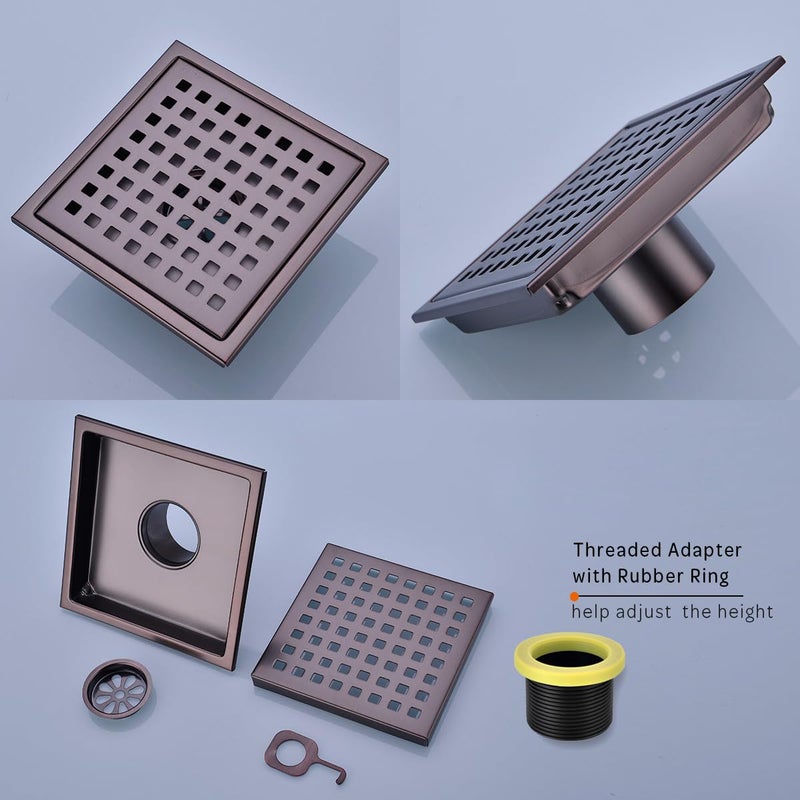 Orhemus 6 inch Stainless Steel Square Shower Floor Drain with Threaded Adapter, Removable Cover Grid Grate, Brushed Bronze Finished - Image 3